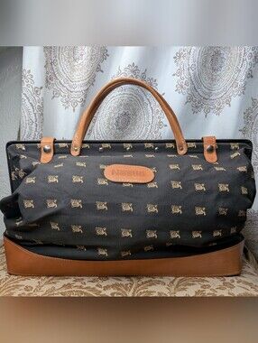 Rare Vtg Nestle Tan Leather Black Cloth Metal Frame Snap Closure Weekender Bag